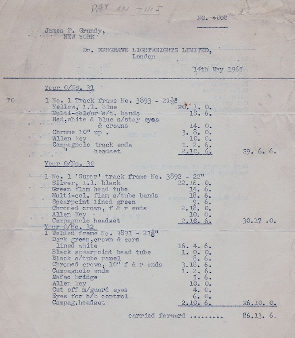 A receipt dated 14th May 1965 showing frame number and details of four frames supplied This is very useful information to help with the dating of Ephgraves as it provides a reference point for frame numbers