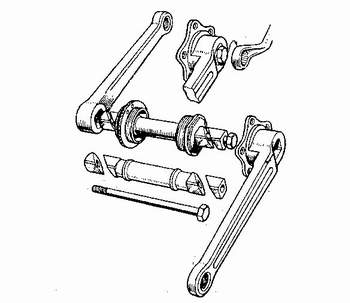 The Wedglelock bottom-bracket set. Note that the high tensile steel bolt goes through the centre of all the components and tightening the bolt forces the wedges to secure the cranks.