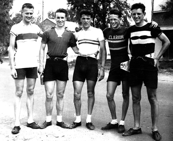 RAF Three Day Tour of the Zone 1952[?] - Finishers on third day at Fayid Left to right: Alan Colburn 4th, Brian[?] Gee 2nd, Jim Pike 1st, Ronnie Calvert 3rd, Alex McWhirter 5th.