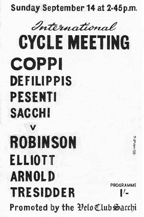 A selection of pages taken from the programme for the Coppi Meeting at Herne Hill, 1958 : List of riders