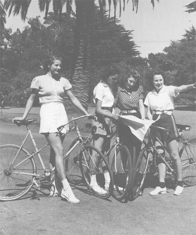 This picture, c.1938 has Constance Ohrt on the left and Denise Ohrt second from right, the other two girls are probably friends or models. This was taken for a tourist brochure promoting Golden Gate Park in San Francisco.