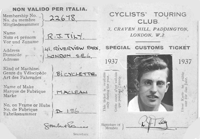 CTC Travel Carnet, 1937 showing Ronald with a Maclean bike